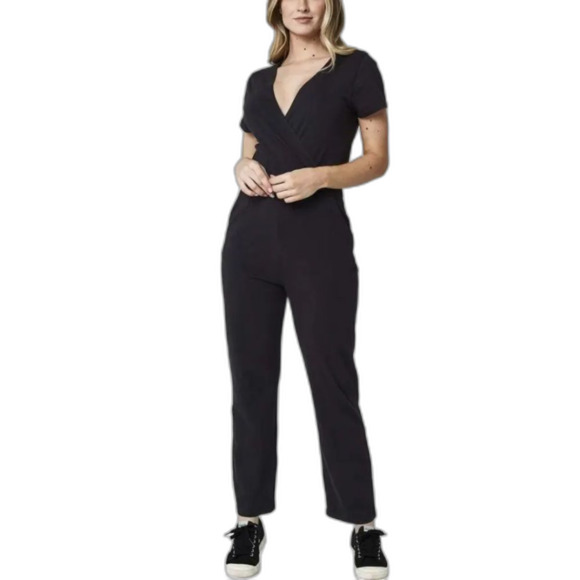Pact Black Organic Cotton Interlock Faux Wrap Top Short Sleeve Jumpsuit Size S - Picture 1 of 13